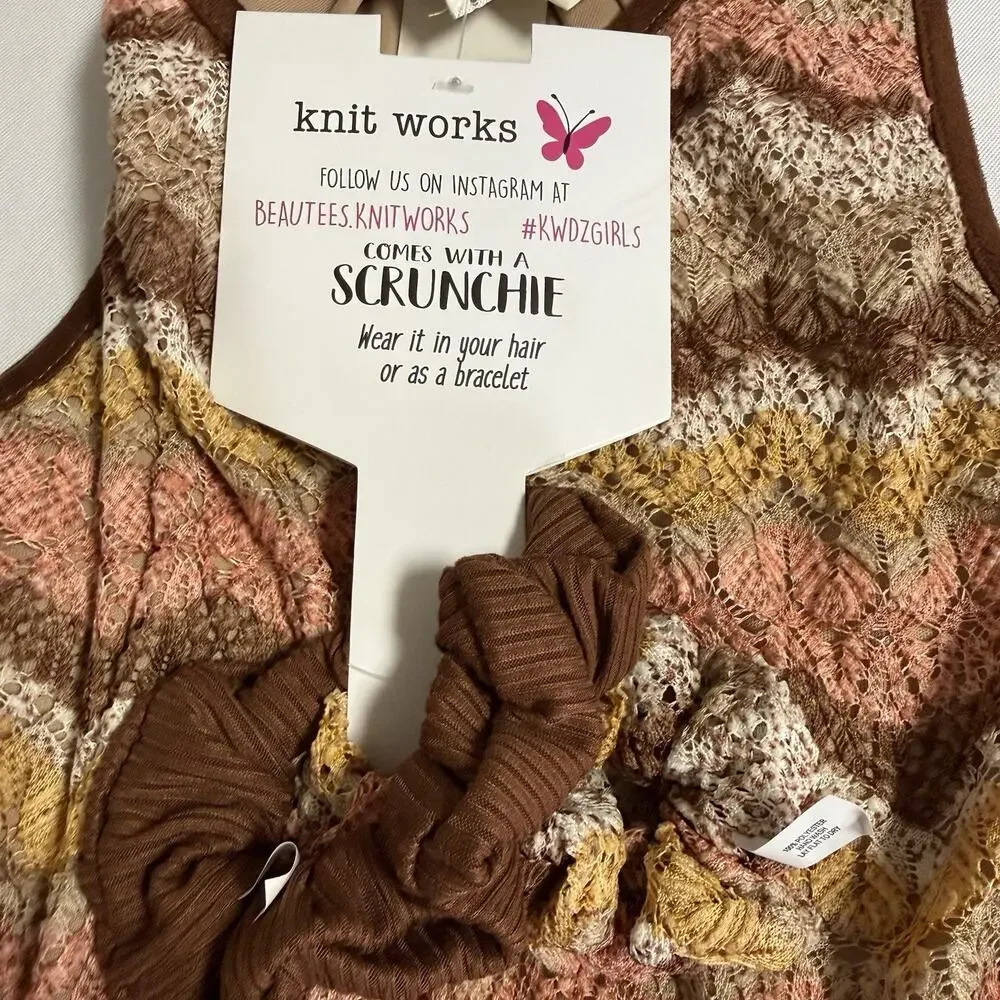 Knit Works Crocheted Knit Chevron Tank Dress Girls XL Brown Pink Fully Lined